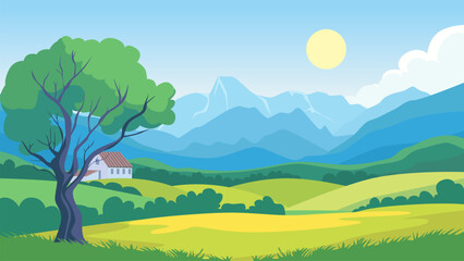 Fototapeta premium House in the mountains against the background of a beautiful natural landscape of green fields and meadows. House at the foot of high mountains. Meadows, forests and mountains, vector illustration. 