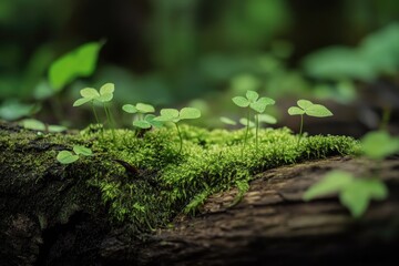 Fresh sprouts emerging from mossy log in forest
