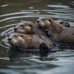 Otters Floating Together in a River