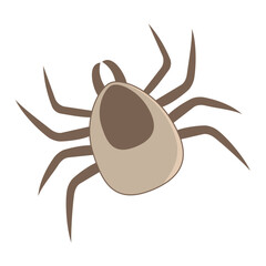 Cartoon brown tick with eight legs on white background.