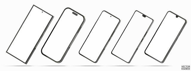 Set of 3D black smartphone mockup with white screen. Black mobile phone isolated on white background.