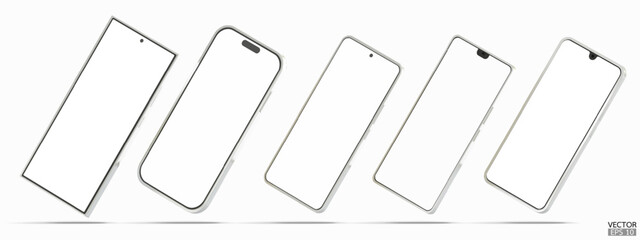Set of 3D natural titanium smartphone mockup with white screen. White metal mobile phone isolated on white background.