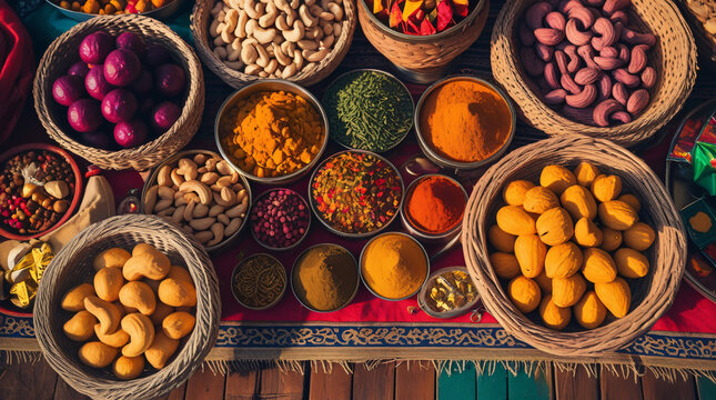 A vibrant top-down view of a traditional Indian market stall, showcasing an abundance of fresh dry fruits including ripe anjeer with deep purple skin, cashews in their shells, and chilgoza pine nuts 