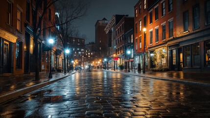 Fototapeta premium A nighttime cityscape with streetlights reflecting on wet cobblestone streets.