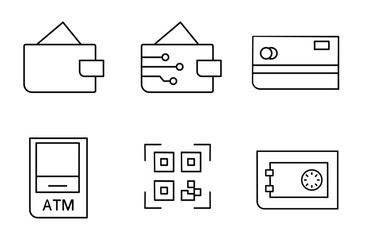 Money Storage Icon Set , Wallet, Atm, Safe Box, Bebit Card, Qris