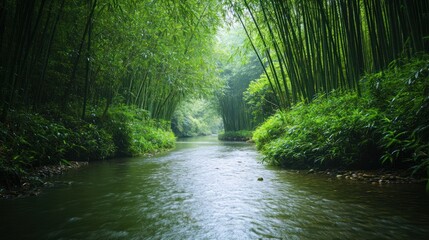 Obraz premium Serene river flowing through a vibrant bamboo forest, creating a peaceful landscape