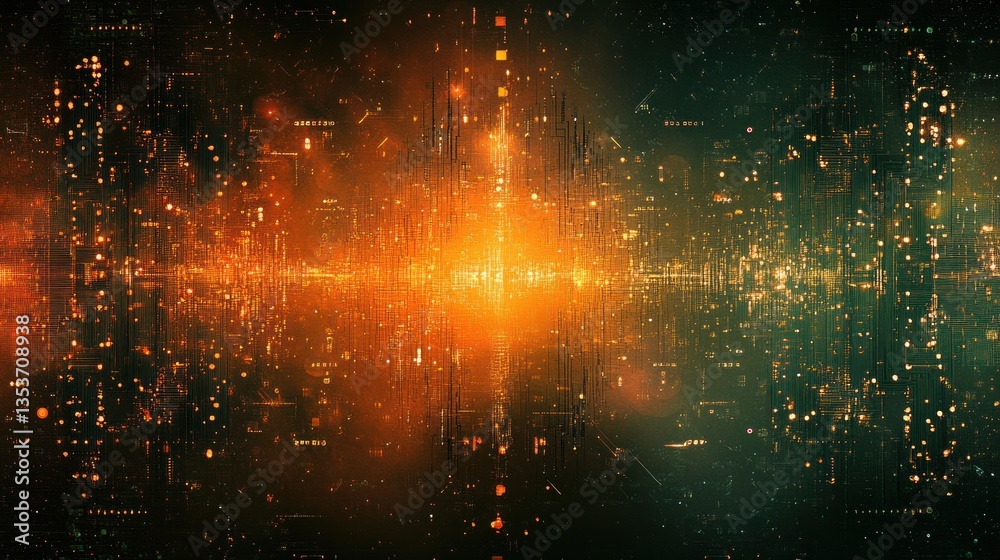 Poster illuminated data stream visualizes information flow in a complex network system showcasing intricate