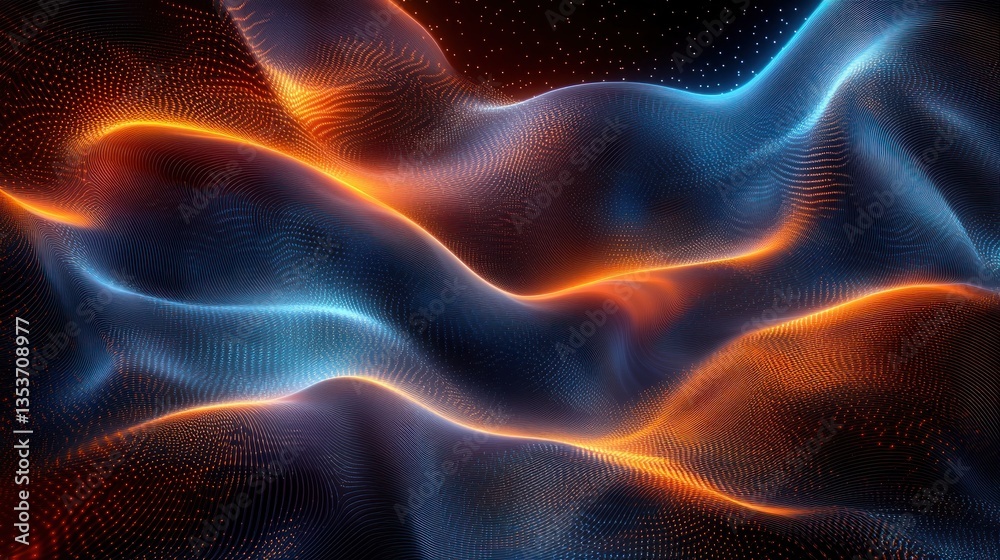 Poster abstract futuristic background with vibrant orange and blue flowing particle waves simulating digita