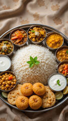 Traditional Indian vegetarian thali with rice, poori, curries, and sweets.