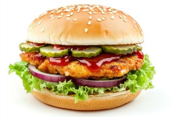 Chicken Burger with Pickles, Lettuce and Red Onion on White Background