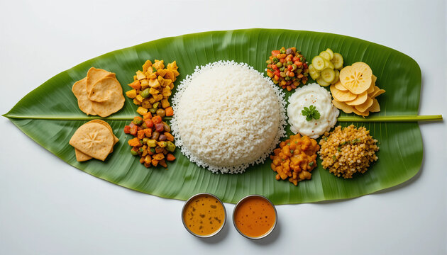 Kerala Sadye feast on banana leaf Indian thali vegetarian meal south India