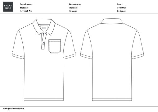 Polo shirt technical fashion Drawing Flat sketch template front and back view. apparel dress design vector illustration mock up Polo tee CAD.