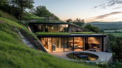 Sustainable living luxury underground home architecture with integrated landscape design