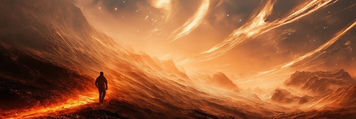 Rugged explorer journeys through extreme adventure landscape with vibrant colors