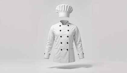 Floating chef hat and jacket mockup isolated on white background.