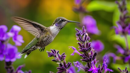 Fototapeta premium A close-up of a delicate flower with a hummingbird hovering above it