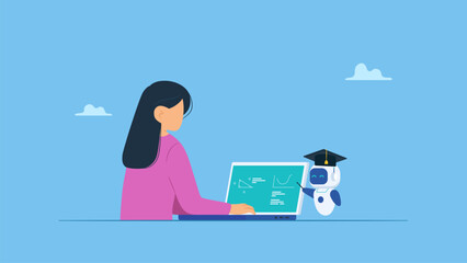 College Students learn using laptops with AI robots as their teachers. AI virtual assistant help student study, searching data, history.