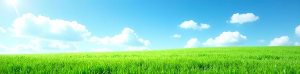 Fototapeta premium Freshly cut grass in a manicured lawn against a cloudless blue sky, clean, maintenance