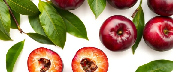 Naklejka premium Fresh purple plum halves with leaves, isolated on white Top view, culinary, still life