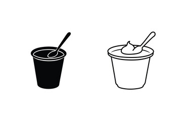 Yogurt Cup Icons Black, White, Spoon, Dessert, Dairy, Food