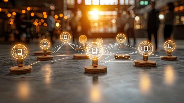 Connected light bulbs with mobile phone icons, modern city background, potential for technology or social media concept