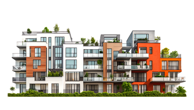 A row of five modern small residential building isolated on white background