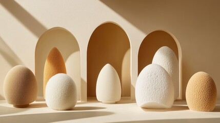 Beige makeup sponges, studio still life,  modern design, cosmetic product display, promotional image