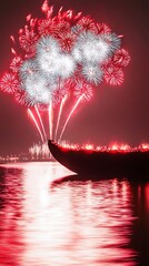 Red Fireworks over Watercraft at Night.