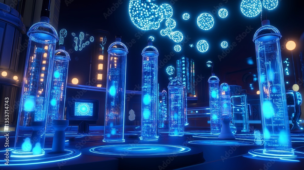 Aufkleber a sci-fi lab filled with glowing blue test tubes and floating holograms
