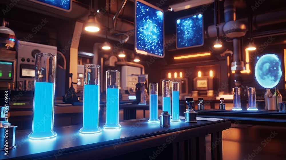 Poster a sci-fi lab filled with glowing blue test tubes and floating holograms