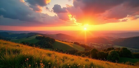 Obraz premium Golden sunset over rolling hills, colorful sky, peaceful countryside scene, colorful, Ireland, painting