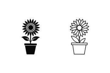 Potted Sunflower Icons Black, Outline, Flower, Plant, Design, Illustration, Botany, Nature, Gardening © pankajkumar