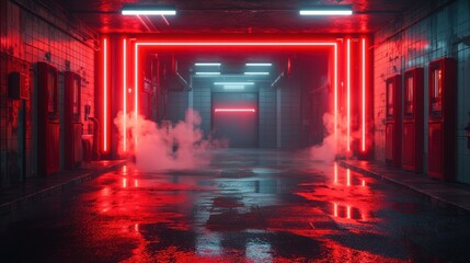 Naklejka premium Neon-lit, wet underground tunnel