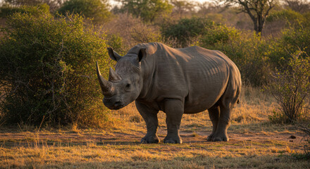 Majestic Rhinoceros in Its Natural Habitat: Capturing the Grace and Strength of Wildlife at Sunset in the African Savannah