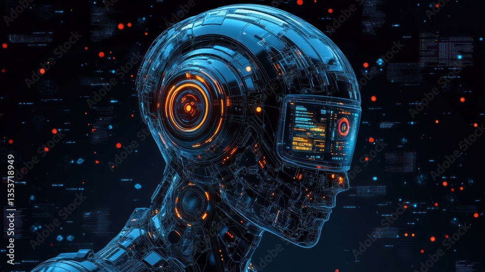Poster futuristic ai humanoid visage with digital interface representing advanced technology and neural net