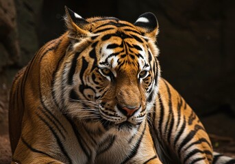 Fototapeta premium Close-up portrait of a majestic Sumatran tiger (Harimau Sumatra), displaying its striking orange and black stripes.