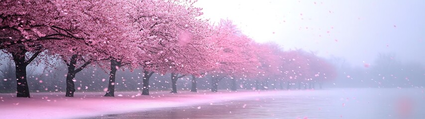 Fototapeta premium Beautiful cherry blossom trees line a path with falling petals gently