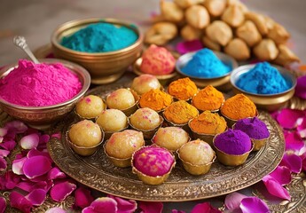 Colorful Indian Festival Sweets and Powders Displayed on Decorative Tray Surrounded by Rose Petals and Nuts for Culture and Celebration