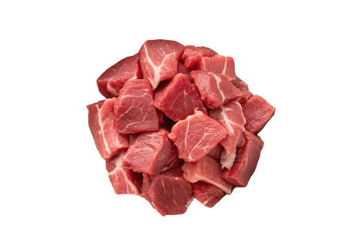 Fresh raw lamb fillet, chopped and diced into tender cubes, isolated on white transparent background. Ideal PNG cutout for food packaging or menu design