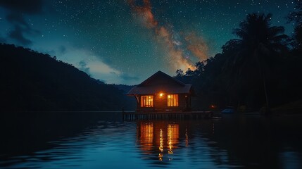 Fototapeta premium Night, Illuminated Cabin on Lake, Stars & Milky Way