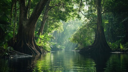 Obraz premium Serene river flows through dense rainforest surrounded by towering trees