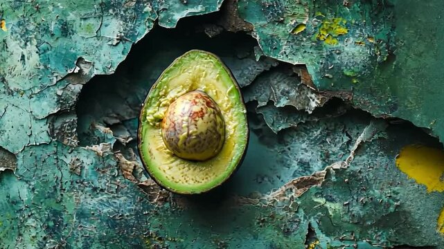 This image depicts a fresh avocado half with a stunning peel backdrop. Perfect for food blogs, health articles, and culinary websites. A striking visual for organic themes. Generative AI.