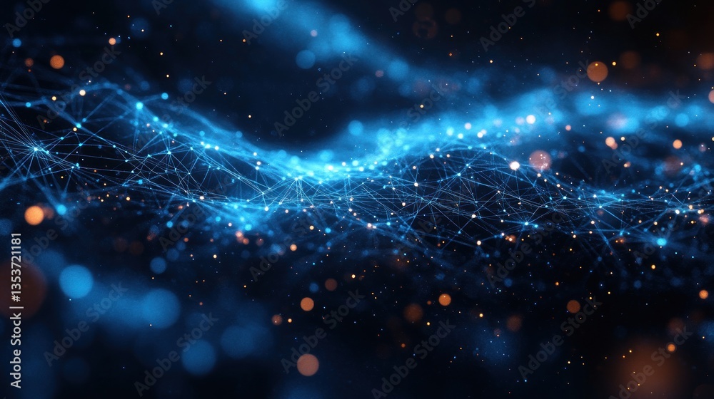 Poster complex network illustration with interconnected glowing nodes and dynamic bokeh creating an immersi