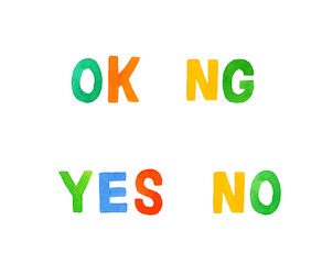 かわいい手書き文字のセット（OK、NG、YES、NO）　手描き水彩イラスト素材