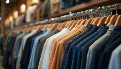 Fototapeta premium Neatly arranged shirts on wooden hangers in a clothing store. Perfect for fashion, retail, and shopping themes.