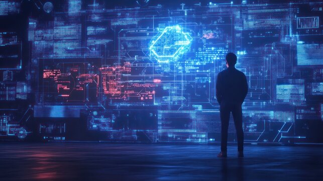 Future vision: Engineer contemplates complex digital display of information