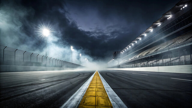 Dramatic Racetrack Starting Line with Stormy Sky, Floodlights, and Smoke