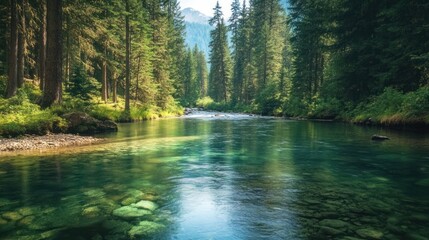 Serene Mountain River in Lush Forest