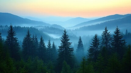 Fototapeta premium Misty Mountain Forest Sunrise Scenic View