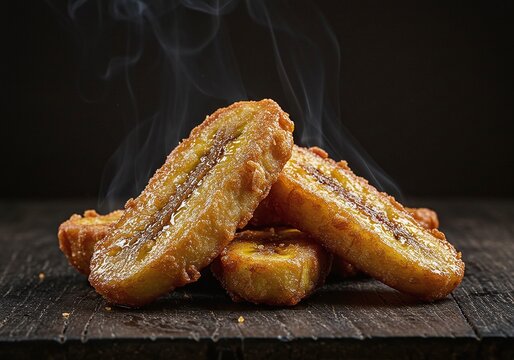 Goreng Pisang, Indonesian fried banana dessert, with a hint of steam on a dark wood table.